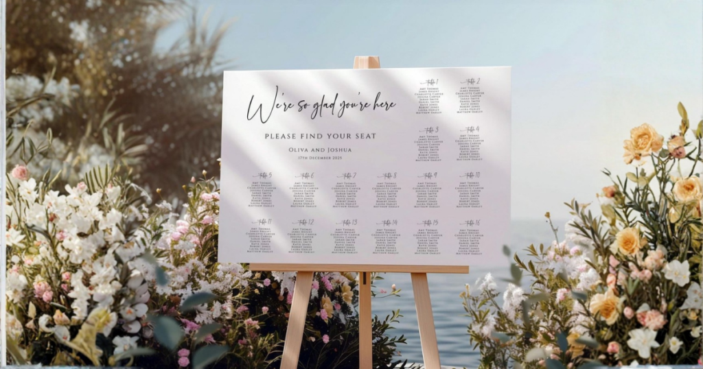 raspored sjedenja gostiju za vjenčanje isprintan na ploči koja stoji na štafelaju