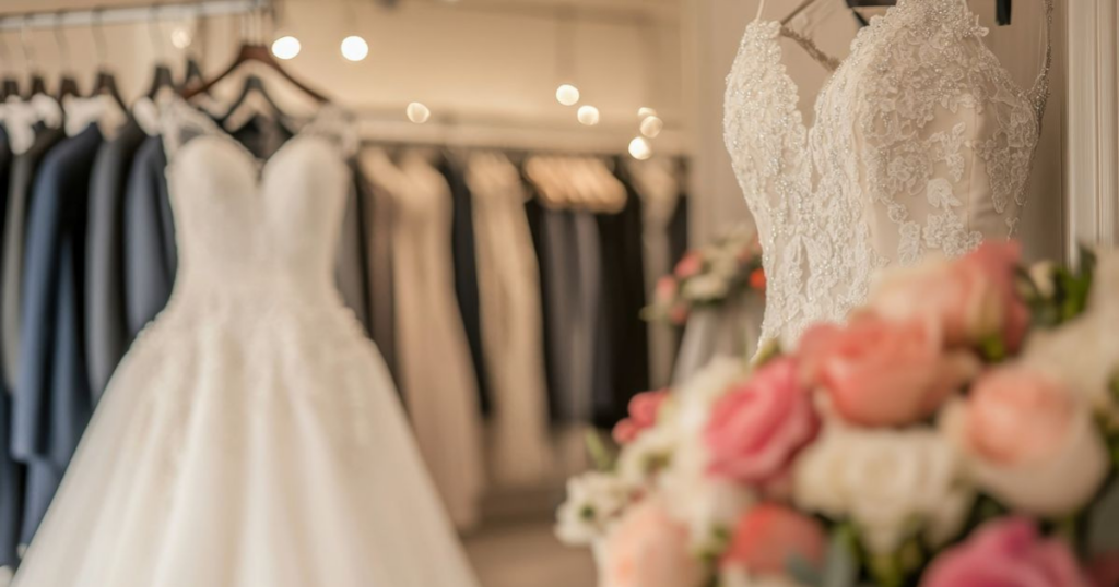 Eleganta čipkasta vjenčanica obješena u prvom planu uz buket ružičastih i bijelih ruža, s pogledom na izložene vjenčanice i odijela u salonu u pozadini